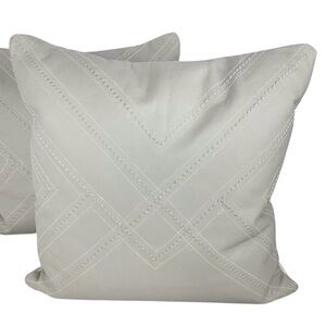 VILLA Leather Accent Pillows x2 Stitched Feather Down Rustic Boho Taupe Gray